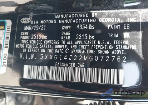 2021 Kia K5 Lxs из США, поврежденный, VIN 5XXG14J22MG072762